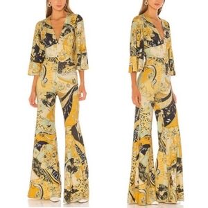 💘 Free People Night Fever Retro Print Flare Jumpsuit